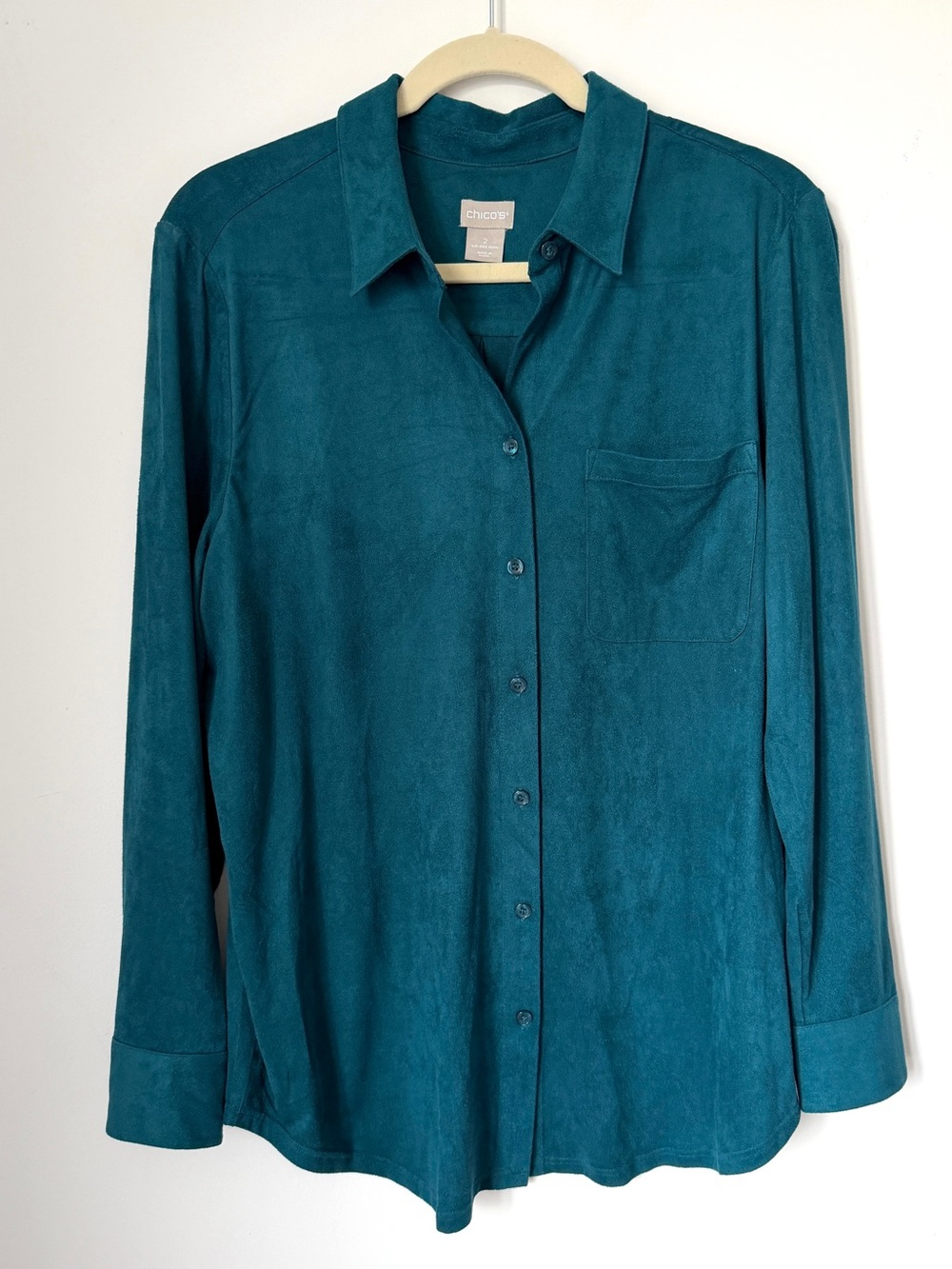 Chico's Teal Faux Suede Soft Long Sleeve Button Up Blouse Size 2 (US Large)